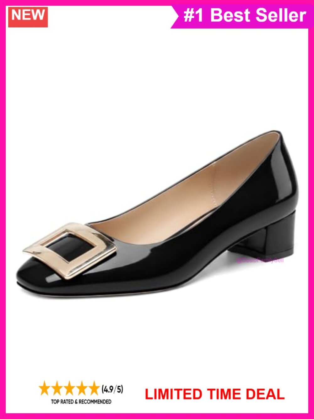 Women's Chunky Heel Slip-On Round Toe Pump Dress Shoes Low Heel Patent